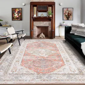 Washable Rug 9x12 Vintage Oriental Rug Non Slip Indoor Carpet Ultra-Thin Stain Resistant Area Rug Low Pile Distressed Vintage Soft Carpet for Living Room Bedroom, Light Orange