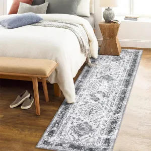 Vintage Runner Rug Washable Rug Ultra-Thin Stain Resistant Area Rug Non Slip Hallway Rug Distressed Rug Low Pile Throw Rug for Kitchen Bedroom, Grey