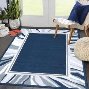 Modern Blue 5x7 Washable Rugs for Living Room Bordered Area Rug Indoor Low Pile Non Slip Carpet Non-Shedding Throw Carpet for Bedroom Entryway Playroom Dining Room Home Office