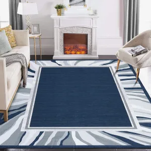 Modern Blue 9x12 Bordered Rug, Washable Low Pile Anti-Slip Carpet for Living Room & Bedroom | Foldable Indoor Office Use