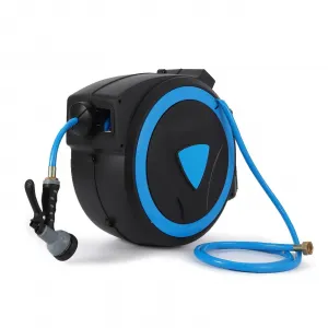 Retractable Garden Hose Reel, 5/8" x 90ft, Wall-Mounted with 180° Swivel Bracket, 9-Pattern Nozzle, Any Length Lock, Auto-Rewind Slow Return System