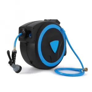 Retractable Garden Hose Reel, 5/8" x 65ft, Wall-Mounted with 180° Swivel Bracket, 9-Pattern Nozzle, Any Length Lock, Auto-Rewind Slow Return System