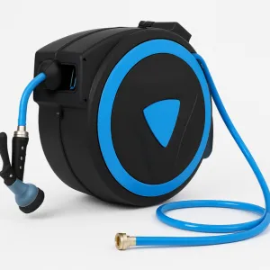 Retractable Garden Hose Reel, 5/8" x 82ft, Wall-Mounted with 180° Swivel Bracket, 9-Pattern Nozzle, Any Length Lock, Auto-Rewind Slow Return System