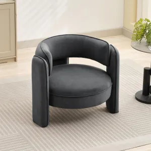 Grey Mid Century Modern Accent Chair with Velvet Fabric,Barrel Armchair for Living Room,Comfy Upholstered Accent Sofa Chair with Armrest, Grey Boucle Chair for Bedroom Apartment Office Study