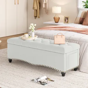 Ottoman with Storage, 48" Upholstered Linen Fabric Storage Ottoman Bench with Safety Hinge, Tufted Bed Bench W/Nailhead Trims & 2 Side Pockets, Beige