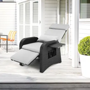 Outdoor Recliner Chair with Adjustable Backrest & Footrest, Air Pump 150° Lay Flat Reclining Chair, PE Wicker Metal Frame Chaise, Patio Recliner with Flip-Up Side Table, Brown
