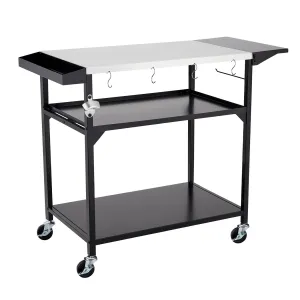 Outdoor Grill Table Cart with 4 Wheels + Stainless Steel + Movable Prep Table + Multifunctional + Metal Work Table + Side Table + Storage Rack + BBQ, Pizza Oven, Kitchen