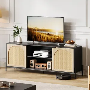 Rattan TV Stand for TV up to 75 Inches, Mid Century Modern TV Console Table with 2 Cabinets and 2 Open Compartments, Farmhouse Entertainment with Adjustable Shelf for Living Room, Bedroom