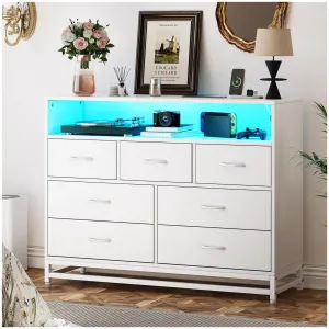 White Modern 7-Drawer Dresser with Charging Station & LED Lights, Wooden Storage Chest for Bedroom, Living Room