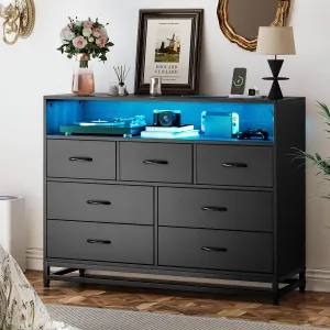 Modern Black 7-Drawer Dresser with Charging Station and LED Lights, Wooden Large Capacity Storage, Ideal for Bedroom, Living Room, Hallway