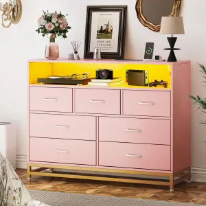 Pink Dresser for Bedroom, Modern 7 Drawers Long Dresser with Charging Station and LED Lights Design, Wooden Large Capacity Storage Chest of Drawers, Wide Dresser for Living Room, Hallway