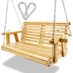 2-Seater Wooden Porch Swing with Hanging Chains - Outdoor Patio Swing Bench with Cup Holders for Porch, Garden, Courtyard, Balcony