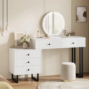 White Vanity Desk with Mirror and Lights, Small Makeup Vanity with 5 Drawers for Bedroom, Modern Makeup Vanity Organizer with 3 Color Lights＆Adjustable Brightness