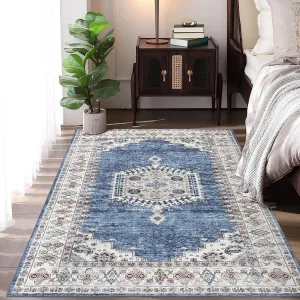 8x10 Area Rugs for Living Room Large Washable Boho Rugs for Bedroom Non Slip Throw Carpet for Bedside Dining Room Big Vintage Indoor Soft Home Decor, Blue