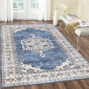 9x12 Area Rugs for Living Room Large Washable Boho Rugs for Bedroom Non Slip Throw Carpet for Bedside Dining Room Big Vintage Indoor Soft Home Decor, Blue