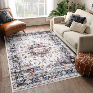 Oriental Blue 9x12 Living Room Area Rug Washable Rug Vintage Distressed Indoor Non-Slip Stain Resistant Floor Carpet Traditional Accent Rug for Bedroom Home Office