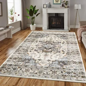 Oriental Light Brown & Blue 5x7 Machine Washable Rug, Bedroom Rug Vintage Distressed Rug with Rubber Backing Stain Resistant Oriental Throw Floor Cover Traditional Rug Carpet for Living Room Dining Room Home