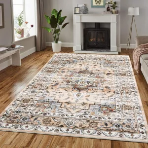 Oriental Orange 5x7 Machine Washable Rug Bedroom Rug Vintage Distressed Rug with Rubber Backing Stain Resistant Oriental Throw Floor Cover Traditional Rug Carpet for Living Room Dining Room Home