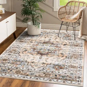 Oriental Orange 8x10 Washable Rug Large Living Room Area Rug Vintage Distressed Rug with Rubber Backing Indoor Throw Floor Cover Stain Resistant Oriental Rug Traditional Carpet for Bedroom Home