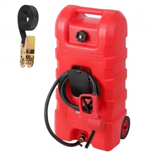 Fuel Caddy, 15 Gallon Portable Gas Fuel Tank Container with LE Fluid Transfer Siphon Pump and 10ft. Delivery Hose, Diesel Storage Can On-Wheels for Cars, Lawn Mowers, ATVs, Boats, Red