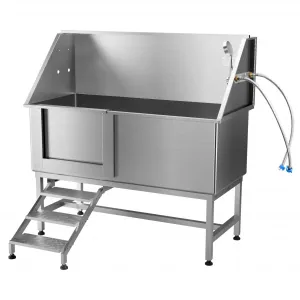 62" Dog Grooming Bathtub, Professional Stainless Steel Pet Dog Bathing Station for Large Pets, Left Door & Stairs with Faucet, Sprayer, Drain