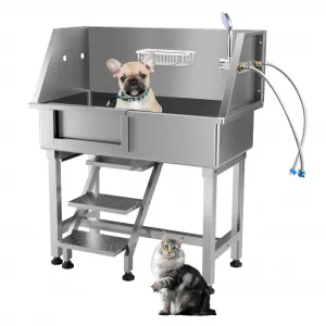 34" Dog Grooming Bathtub, Professional Stainless Steel Pet Dog Bathing Station for Small Pets, Left Door & Stairs with Faucet, Sprayer, Drain