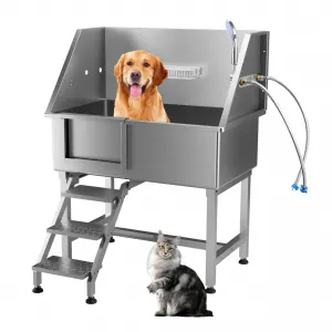 38" Dog Grooming Bathtub, Professional Stainless Steel Pet Dog Bathing Station for Medium,Small Pets, Left Door & Stairs with Faucet, Sprayer, Drain