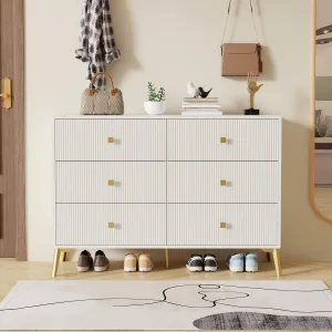 6 Drawer Dresser for Bedroom,Modern Bedroom Dresser,Fluted White and Gold Dresser with Curved Profile Design,Wood Storage Dressers & Chests of Drawers for Living Room,Closet, Bedroom, Hallway,White