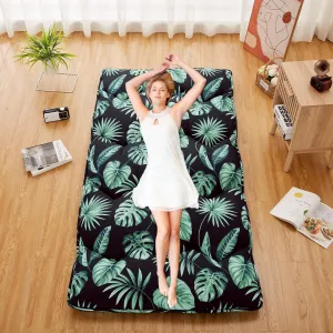 Foldable Japanese Futon Mattress, Twin Size Floral Print Japanese Style Floor Mattress Roll Up, Tatami Mat, Camping Mattress Pad, Green Leaf
