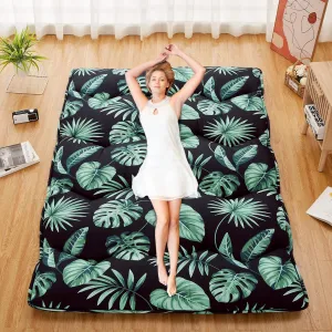 Foldable Japanese Futon Mattress, Full Size Floral Print Japanese Style Floor Mattress Roll Up, Tatami Mat, Camping Mattress Pad, Green Leaf