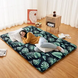 Japanese Futon Mattress, Full Size Futon Floor Mattress Japanese Style Floral Pattern Mattress for Floor, Tatami Mat, Sleeping Mattress Pad for Camping Travel, Green Leaf