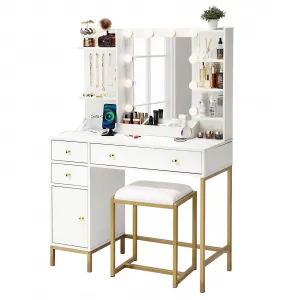 Vanity Desk with Mirror, Makeup Vanity Table with Chair & Charging Station, Dressing Table with Drawers & Storage Shelves, Vanity Table Set for Bedroom Dressing Room, 3 Lighting Modes