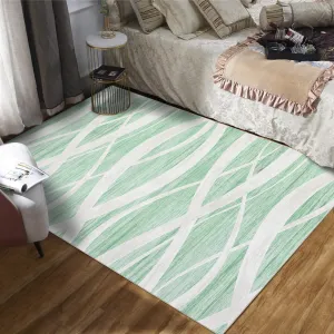 Modern Washable Area Rug – Soft Green and White Wave Pattern, Low Pile Non-Slip Modern Carpet for Living Room, Bedroom, Office, Nursery