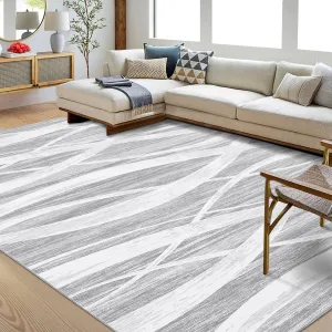 Washable Rug 9x12 Area Rug Large Soft Living Room Rug Modern Wave Distressed Carpet Non Slip Low Pile Accent Rug Non-Shedding Foldable Carpet for Bedroom Dining Office Nursery Light Grey