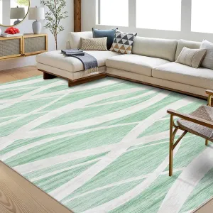 Washable Rug 9x12 Area Rug Large Soft Living Room Rug Modern Wave Distressed Carpet Non Slip Low Pile Accent Rug Non-Shedding Foldable Throw Carpet for Bedroom Dining Office Nursery Green