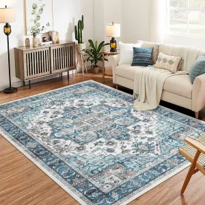 Area Rug for Living Room, 9x12 Machine Washable Vintage Rug Carpet for Bedroom Dinning Room, Distressed Area Rug Indoor Non Slip No Pile, Blue Green