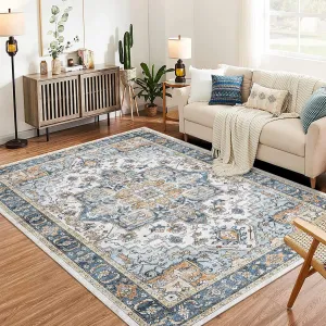 Cyan 9x12 Area Rug for Living Room, Machine Washable Vintage Rug Carpet for Bedroom Dinning Room, Distressed Area Rug Indoor Non Slip No Pile