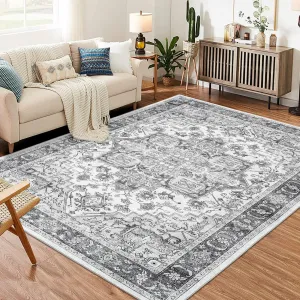 10x13 Washable Area Rug Ultra-Thin Vintage Printed Carpet for Living Room Bedroom Dining Room Light Grey