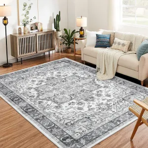 Area Rug for Living Room, 5x7 Machine Washable Vintage Rug Carpet for Bedroom Dinning Room, Distressed Area Rug Indoor Non Slip No Pile, Grey