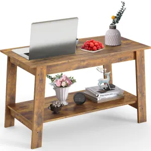 Coffee Table, 31.49'' Small Living Room Tables, 2-Tier Rustic Coffee Table for Living Room, Modern Farmhouse Style Rectangular Wood Table for Outdoors, Home Office, Bedroom, Apartment, Retro Brown