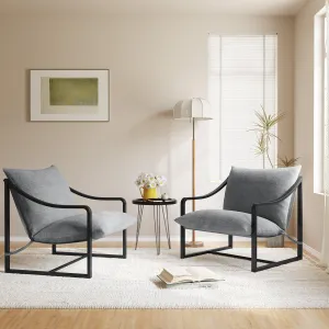 Accent Chairs Set of 2, Metal Frame Living Room Chairs with SOFE Cushion, Comfy Chair for Bedroom, Grey Sling Accent Chair, Easy Assembly