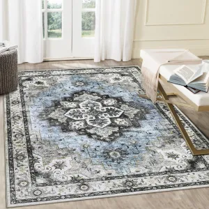Area Rug 5x7 Vintage Design Area Rugs for Living Room Machine Washable Traditional Bedroom Rug Low Pile Print Carpet No Slip Office Kitchen Home Decor, Blue/Grey