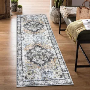 Area Rug 2x6 Washable Hallway Runner Rug Non-Slip Entryway Laundry Rug Runner Non Shedding Floor Carpet Vintage Rugs for Hallway Bedroom Kitchen Bathroom, Grey/Tan
