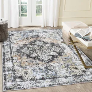 Machine Washable 9x12 Area Rug for Living Room Bedroom Farmhouse Home/Office Decor Carpet Vintage Boho Style Ultra-Soft with Non-Slip Backing, Grey/Tan