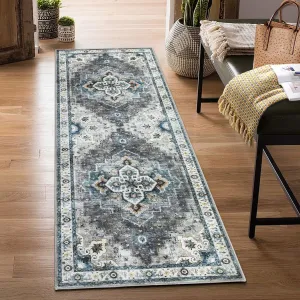 Area Rug 2x6 Washable Hallway Runner Rug Non-Slip Entryway Laundry Rug Runner Non Shedding Floor Carpet Vintage Rugs for Hallway Bedroom Kitchen Bathroom, Teal/Beige