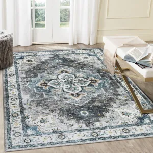 Machine Washable 8x10 Area Rug for Living Room Bedroom Farmhouse Home/Office Decor Carpet Vintage Boho Style Ultra-Soft with Non-Slip Backing, Teal/Beige