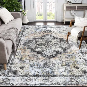 Area Rug 10x13 Washable Vintage Medallion Living Room Rug Ultra Soft Non-Slip Floral Accent Rug for Bedroom Dining Room Nursery