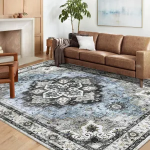 Area Rug 10x13 Washable Vintage Medallion Rug Blue for Living Room Bedroom Dining Room Nursery