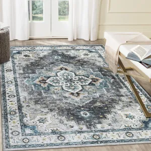 10x13 Washable Rugs Vintage Rug for Living Room Distressed Medallion Office Rug Low Pile Throw Rugs Oriental Area Rug for Bedroom Non-Slip Backing Room Decor Beige and Grey