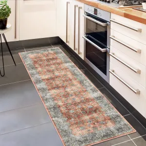 Runner Rug 2x6 Vintage Machine Washable Area Rug Floral Print Carpet Non Slip Accent Rug Boho Area Rug Low-Pile Indoor Carpet for Kitchen Bedroom, Brick Red
